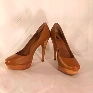 Like New Ava & Aiden Tan Leather Cork Platform Heels .